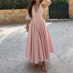 Elegant V-Neck Pleated Long Dresses Women High Waist Summer 2025 French Style Fashion V-neck Backless Lace-up Vacation Vestidos