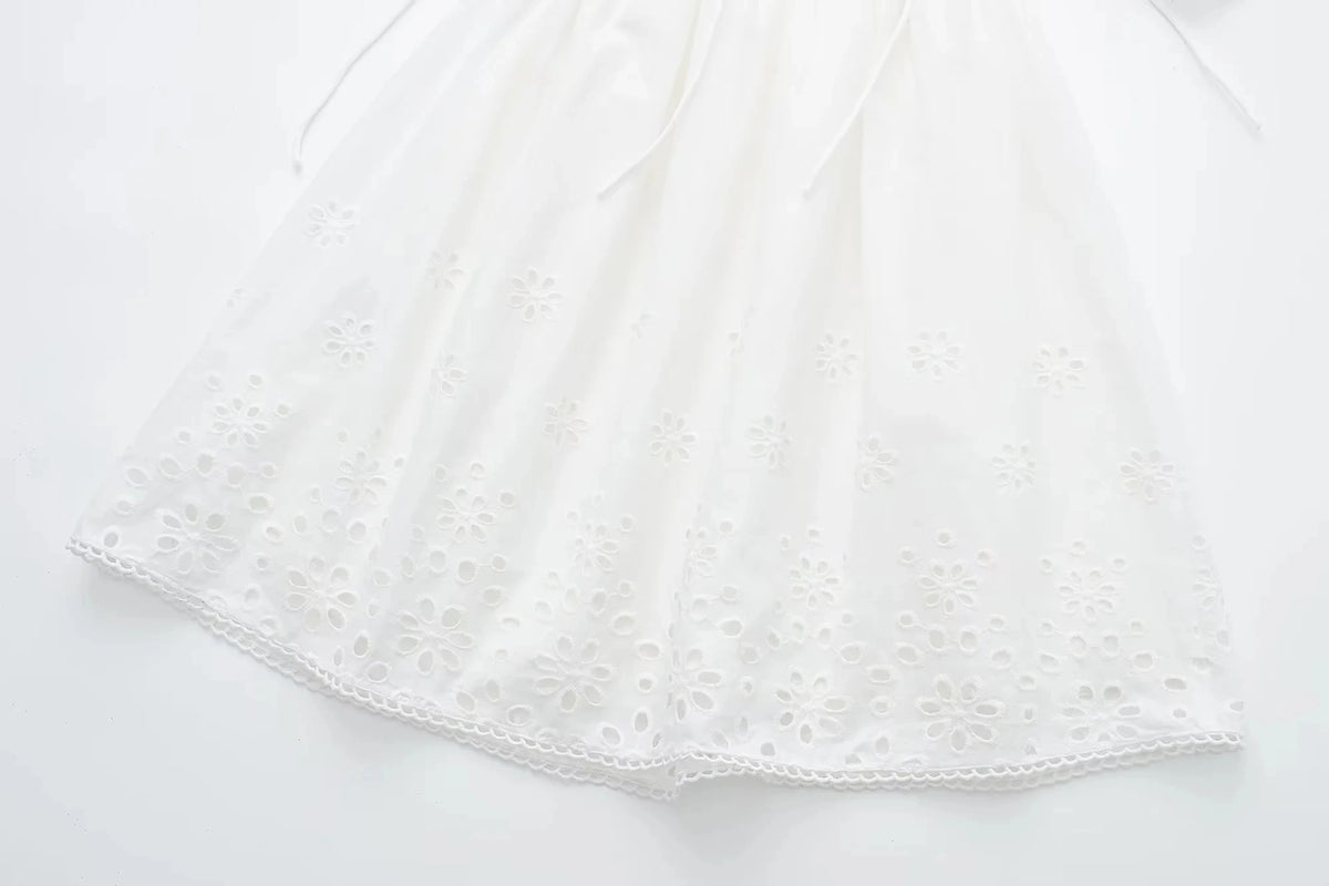 Foridol Lace Summer White Dress Women Puff Sleeve Embriodery Waist Cut Out Beach Short Sexy Cotton Dress Backless 2025 Sundress