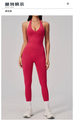 Summer Seamless Yoga Sets Women V Neck Slim Sports Tank Top Fitness Suit Peach Hip High Elasticity Leggings Running Tracksuit