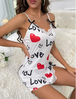 New Sexy Black Nightgown for Women Red HeartLove Print Satin Lace Trim Mini Chemise Adjustable Spaghetti Strap Lingerie