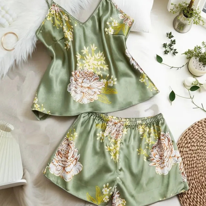 New Women's Summer Sexy Fashion Printed Pajama Set Satin Comfortable Breathable Soft Home Clothes Strap Sleeper Two Piece Set