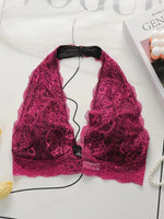 Women Floral Lace Halter Bralette Wireless Deep V Plunge Bow Decor Backless Bra Hollow Out Breathable Sexy Daily Lingerie A563