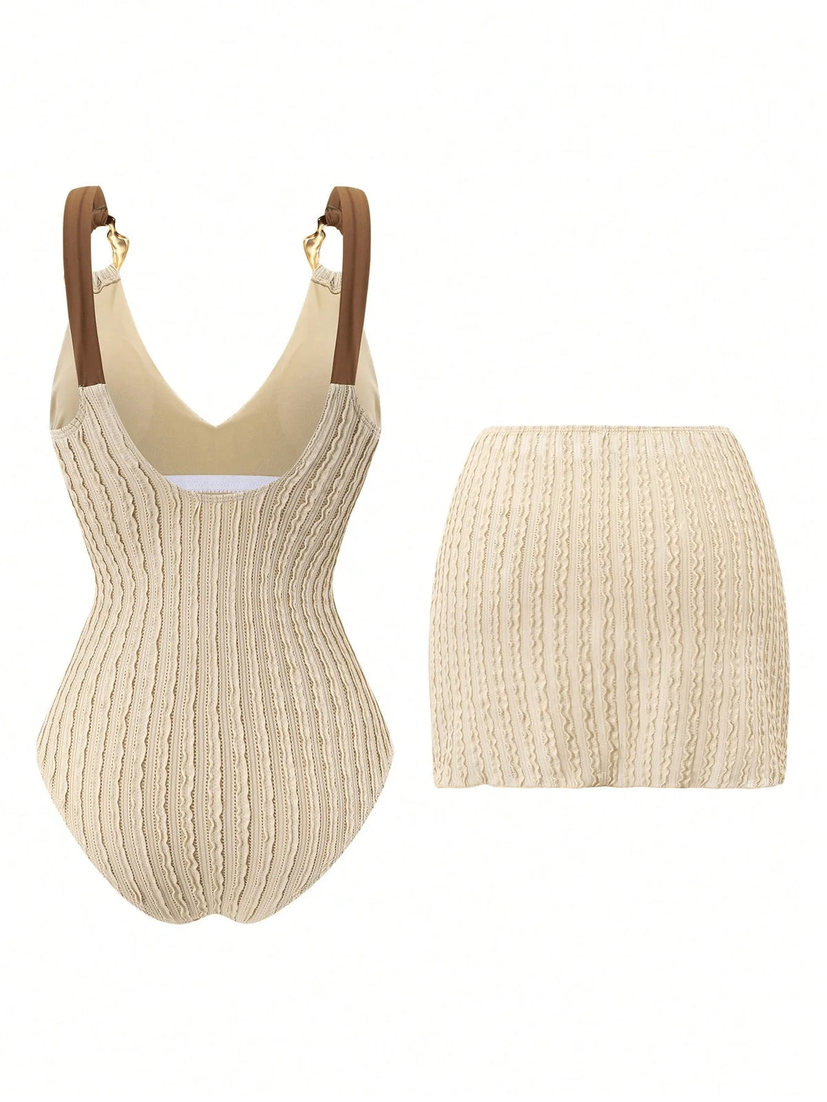Vintage Beige Ribbed Swimwear Skirt Set Women Metal Buckle Strap V Neck Hollow Out Backless Bathing Suit One Piece Swimsuit 2026