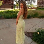 Sexy Elegant Flower Print Slim Long Dresses Women V-neck Low Cut Leace-up Backless Package Hip Bodycon Sleeveless Dress Female