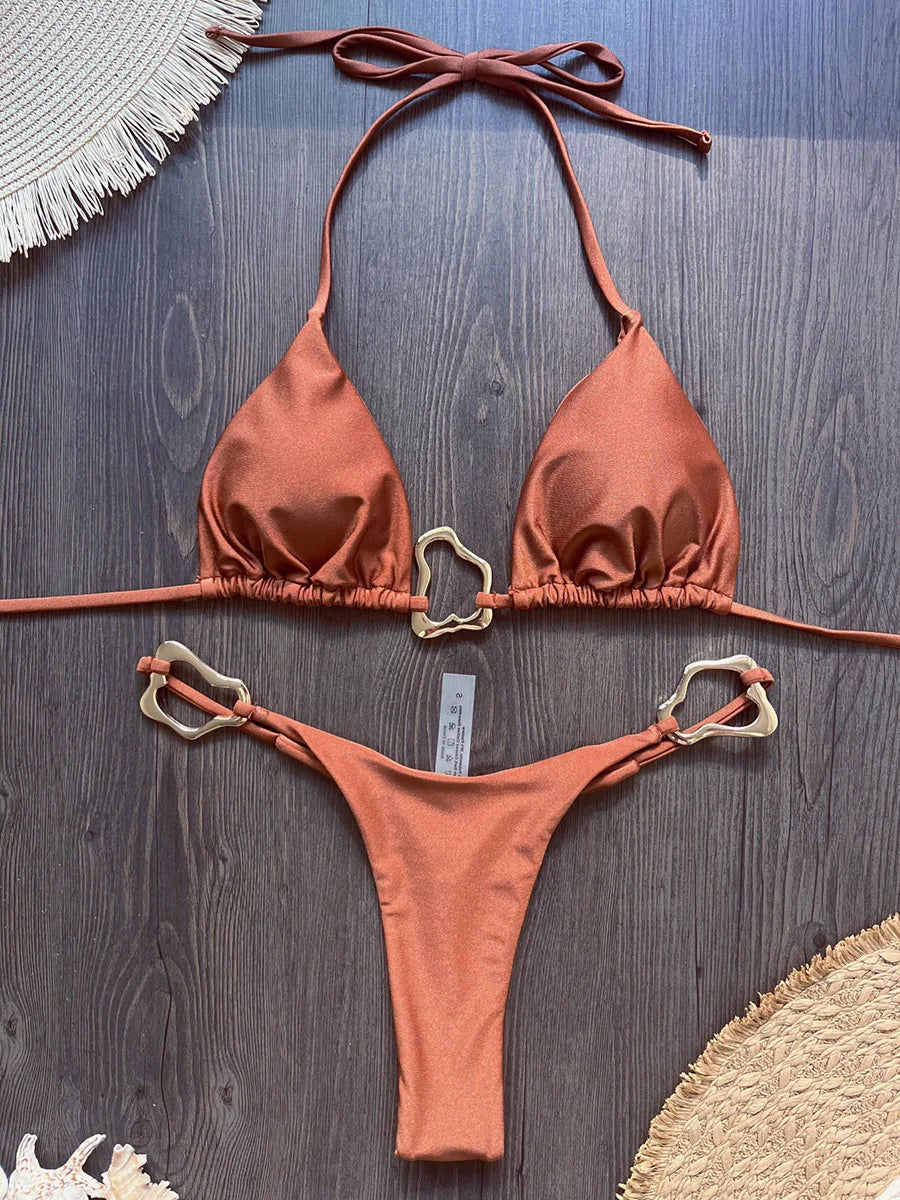 Sparkling Metal Ring Halter Extreme Mini Thong Bikini Female Swimsuit Women Swimwear Two-pieces Bikini Set Bathing Suit Swim