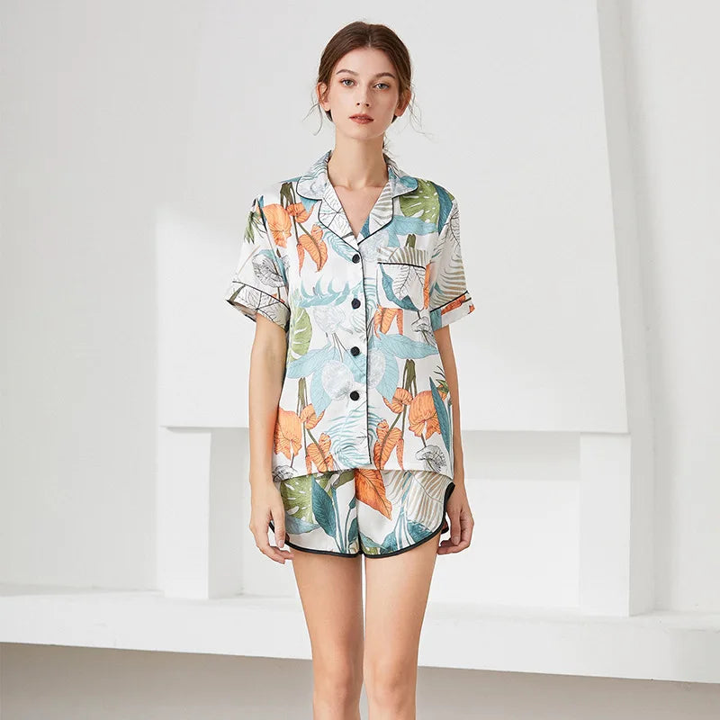 Leaf print summer short sleeved imitation silk sleepwear, lace up pants, cardigan, loose home clothes