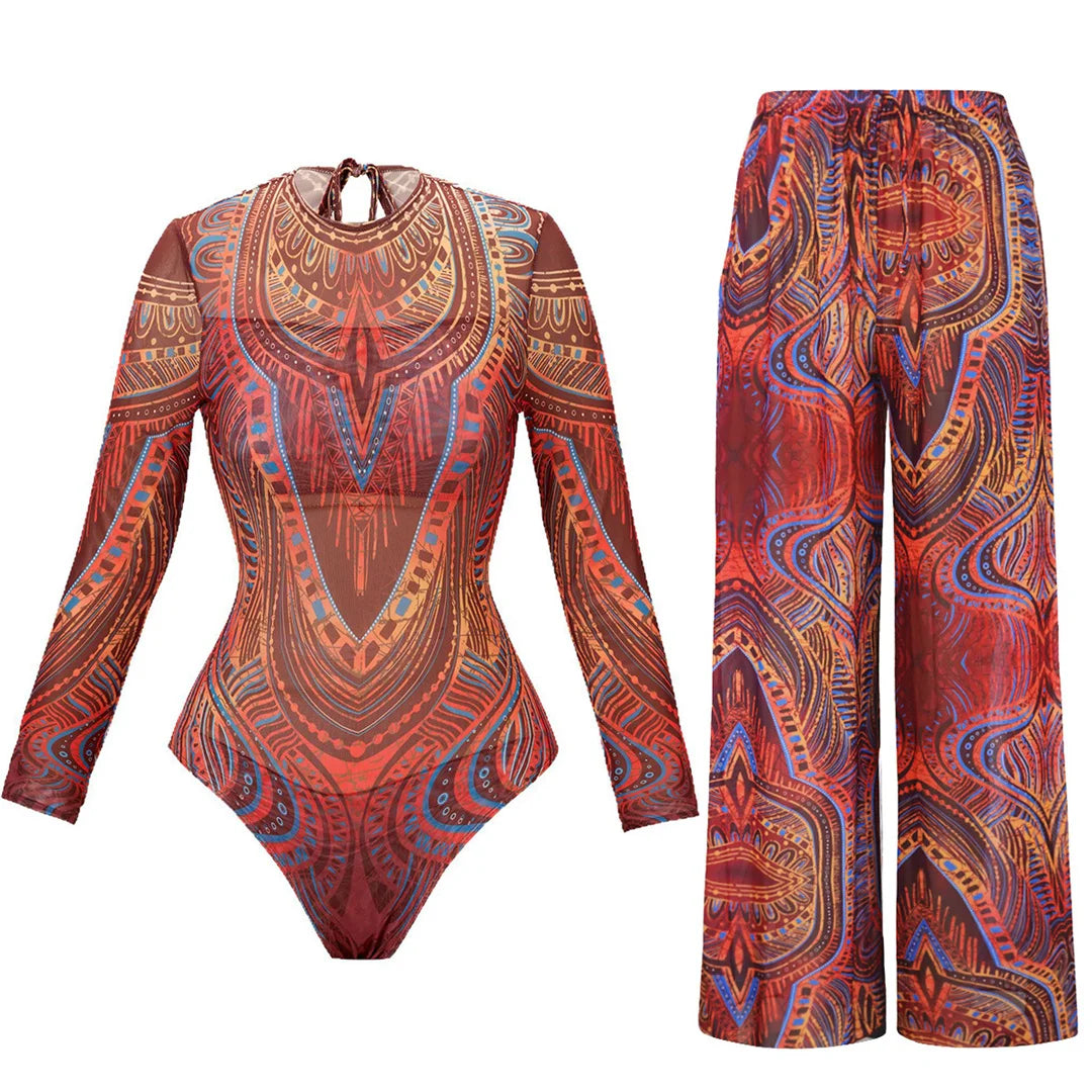XS - XXL Printed Long Sleeve With Pants Women Swimwear One Piece Swimsuit Female Zipper Padded Bather Bathing Suit Swim V7094
