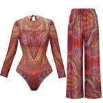 XS - XXL Printed Long Sleeve With Pants Women Swimwear One Piece Swimsuit Female Zipper Padded Bather Bathing Suit Swim V7094