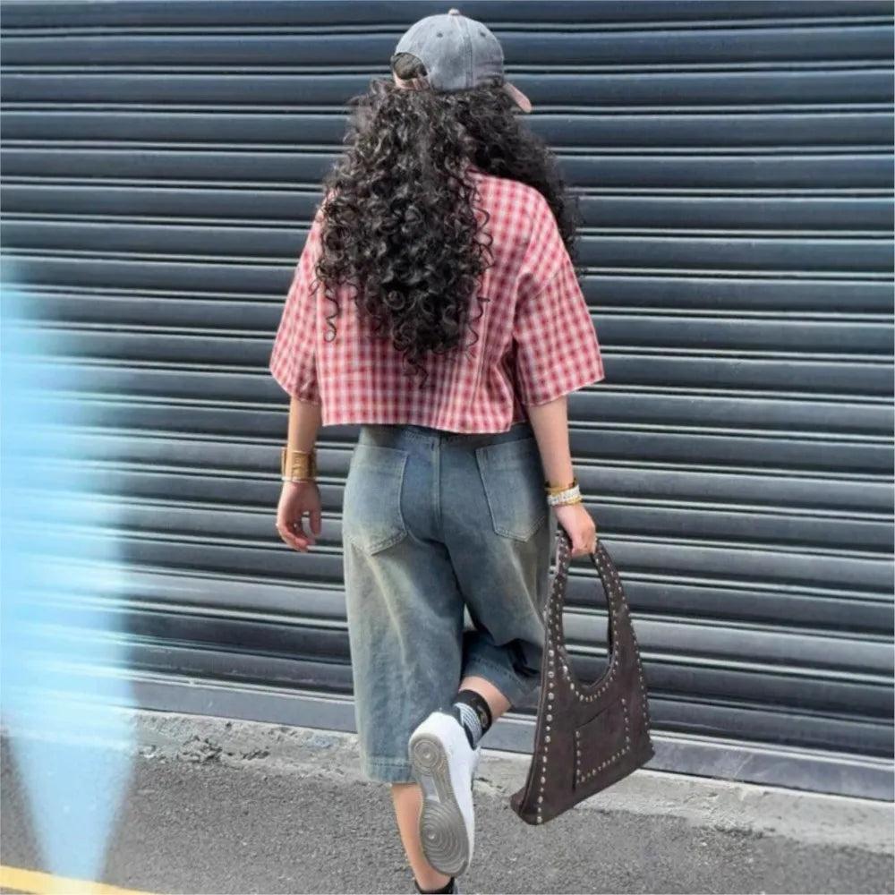 Casual Shirts Shirts & Blouses Women's Clothing Simple Style Street Personality Contrast Lattice Quarter Sleeves Fashion Trendy