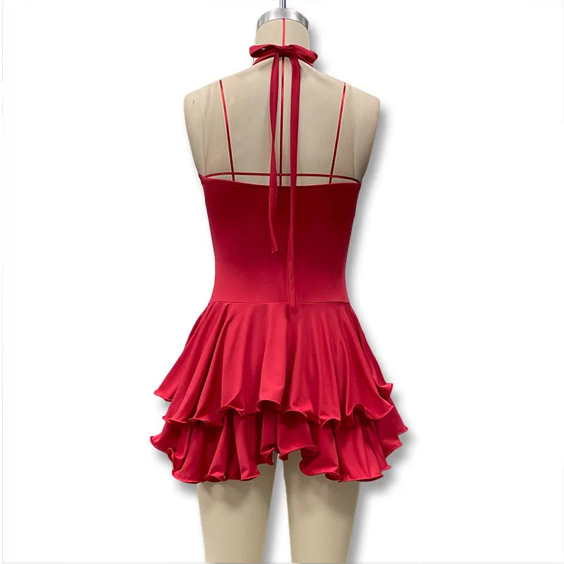 Hot Girl Slim Halter Neck Mini Dress Solid Color V-neck Single-breasted Layered Ruffles Bodycon Short Dresses Fashion Female New