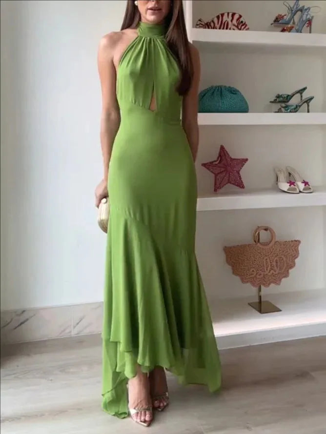 Temperament Halter Neck Long Dresses Women Green Backless Leace-up Irregular Package Hip Party Dress Elegant Banquet Vestidos