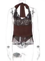 FDYOUI Sexy Swinging Collar Tassels Tank Tops Women's Halter Bandage Backless Camisoles Female Summer Slim Corset Top Streetwear