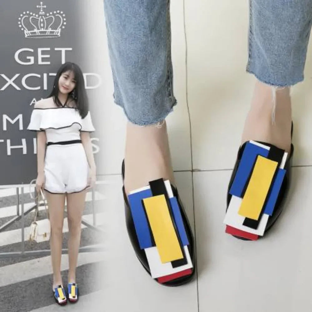 Summer Women Slipper High Block Heels Mules Party Club Ladies Mixed Color White Outdoor Slip-on Square Toe Shoes