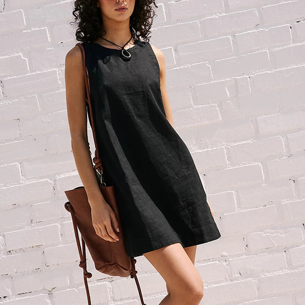 2025 Summer Mini Dress New Women's Clothing Fashion Elegant Loose Vestidos Vacation Solid Color Female Sleeveless Vest Dresses