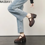 Ladies Retro Style High Heel Single Shoes for Women Platform Thick Heel Buckle Design Casual Loafers T-strap Leather shoes New