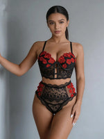 Rose Embroidered Lace Shapewear Set Longline Bustier High Waist Briefs Cutout Lingerie for Layering Bridal Boudoir Date Night