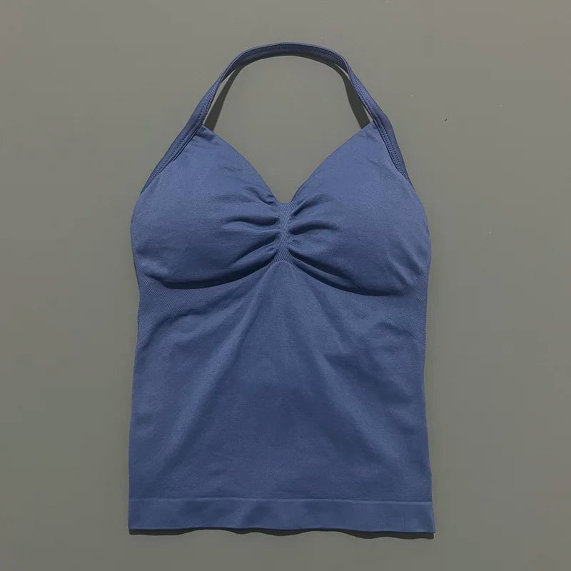 HISTELLO GYM Longline Strappy Top Women Seamless Yoga Clothing With Removable Pads V Neck Open Back Bra Workout Sports Halter