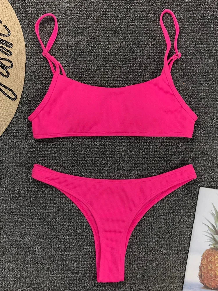 Sexy Neon Yellow Ribbed Brazilian Bikini Women Swimwear Female Swimsuit Two-pieces Bikini Set High Cut Bather Bathing Suit Swim