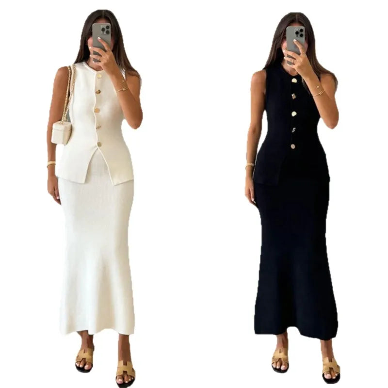 Simple Style Two Piece Set Woman New In Matching Sets Two Piece Outfits Sleeveless Tops Skirts Solid Color Temperament Commuting