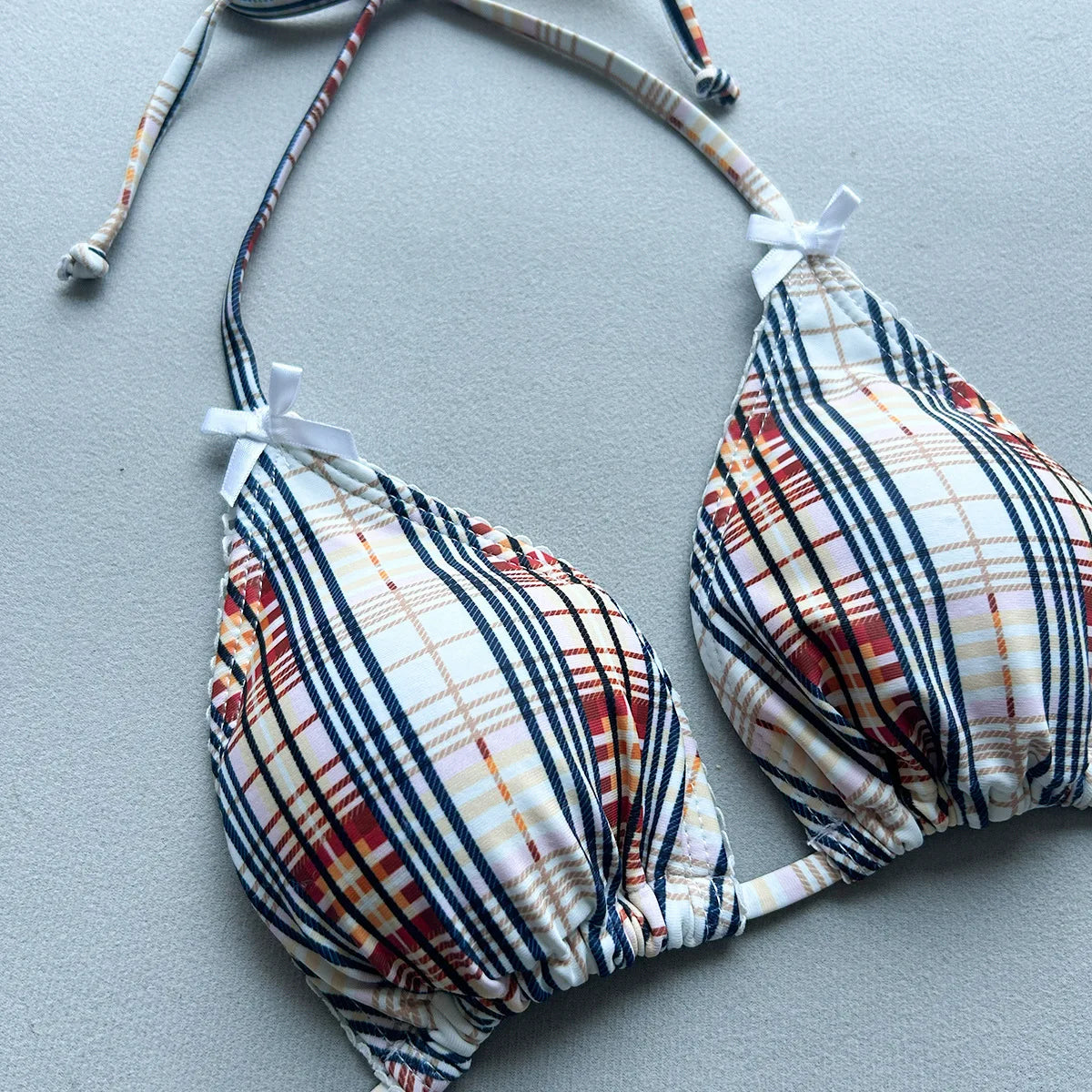 New 2026 Women's Micro Bikini Set Plaid Print Neck Lace-up Backless Biquini Beachwear Sexy Push Up Thong Low WaistBathing Suit