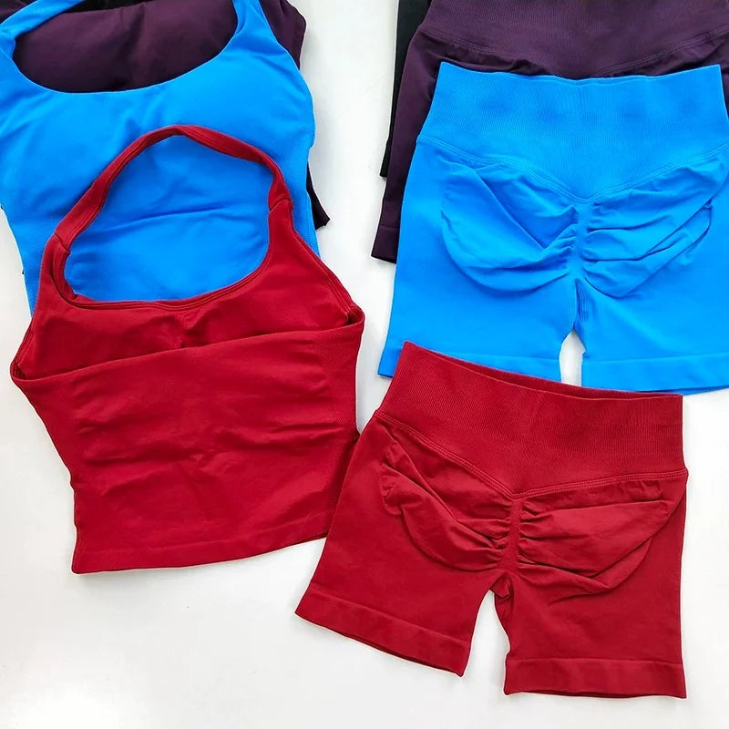 Yoga 2 Pieces Gym Set Women Backless Halter Tops High Waist Seamless Shorts Gym Suit Fitness Sports Bras Sportswear Workout Sets