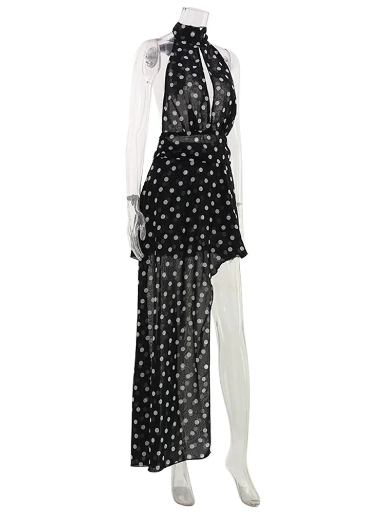 Ahagaga Fashion Maxi Dresses Women Sexy Halter Neck Hollow Out High Split Polka Dot Print Elegant Party Vacation Beach Vestidos