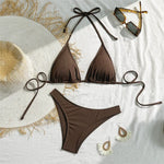 Brown String Halter Triangle Bikini Ribbed Solid Swimwears Sexy Swimsuit Women 2026 Padded Bikinis Sets Bathing Swimming Suit