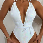 New Shiny One Piece Swimsuit Sexy White Snakeskin Print Deep V Neck Swimwear Backless Bathing Suit Sequin Tassel Skirt Monokini
