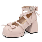 Big Size 48 Sweet Purple Mary Janes Pumps Lovely Pink Lolita 9cm Block High Heels Shoes Women Cute White Bow Knot Platform Shoes