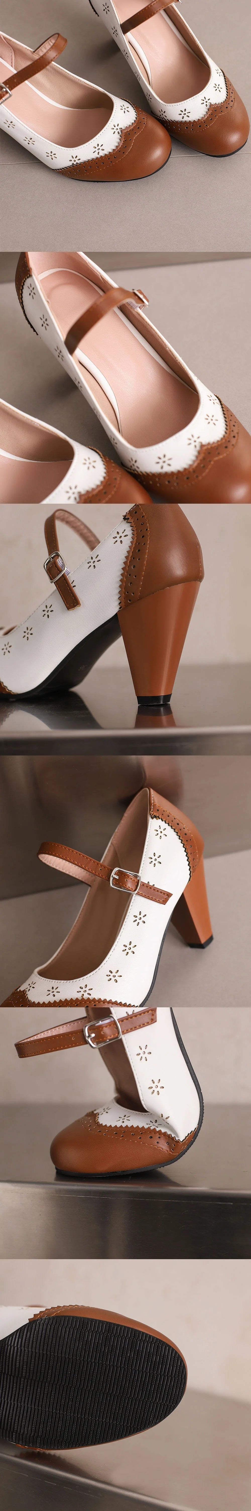 2026 Plus Size 48 Vintage Brown 7.5cm High Heels Mary Janes Pumps Retro Comfy Walk Summer Pink Office Lady Brogue Shoes Women