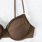 Brown Ruffled Edge Bikini Pushup Bead Straps Solid Swimwears Sexy Swimsuit Women 2026 High Cut Bathing Suit Bikinis Sets Mujer