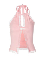 FDYOUO Sexy Halter Lace Patchwork Camisoles Women Fashion Backless Hollow Out Corset Pink White Bandage Tanks Top Y2K Streetwear