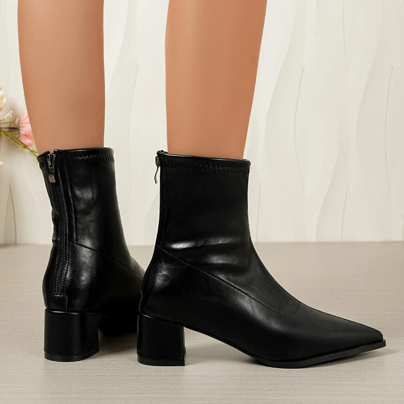 2026 New Vintage Thick Heels Women Slim Ankle Boots Autumn Winter Pointed Toe Stripper Party Short Booties Zapatos De Mujer