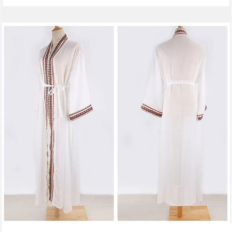White Chiffon Long Maxi Kimono Cardigan Women Beach Cover Up Embroidery Edge with Belt Tunica Kaftans Femininos Beachwear 2026
