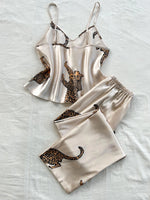 Summer Ice Silk Stain Comfortable Pajamas Set for Women 2pcs V Neck Leopard Print Tops and Long Pants Loungewear Sleepwear