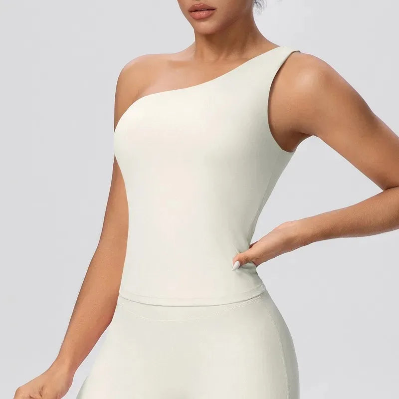 Women Seamless Cloud Feel One-Shoulder Waist-Cinching Yoga Vest Quick-Dry Slimming Sports Shaping Underwear Running Fitness Top