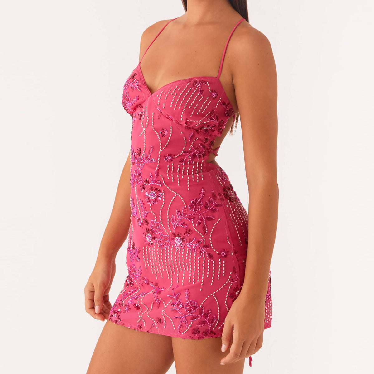 Sexy Glitter Sequin Mini Dress Women Flower Embroidery Deep V-neck Sleeveless Cami Dress Backless Spaghetti Strap Party Vestidos