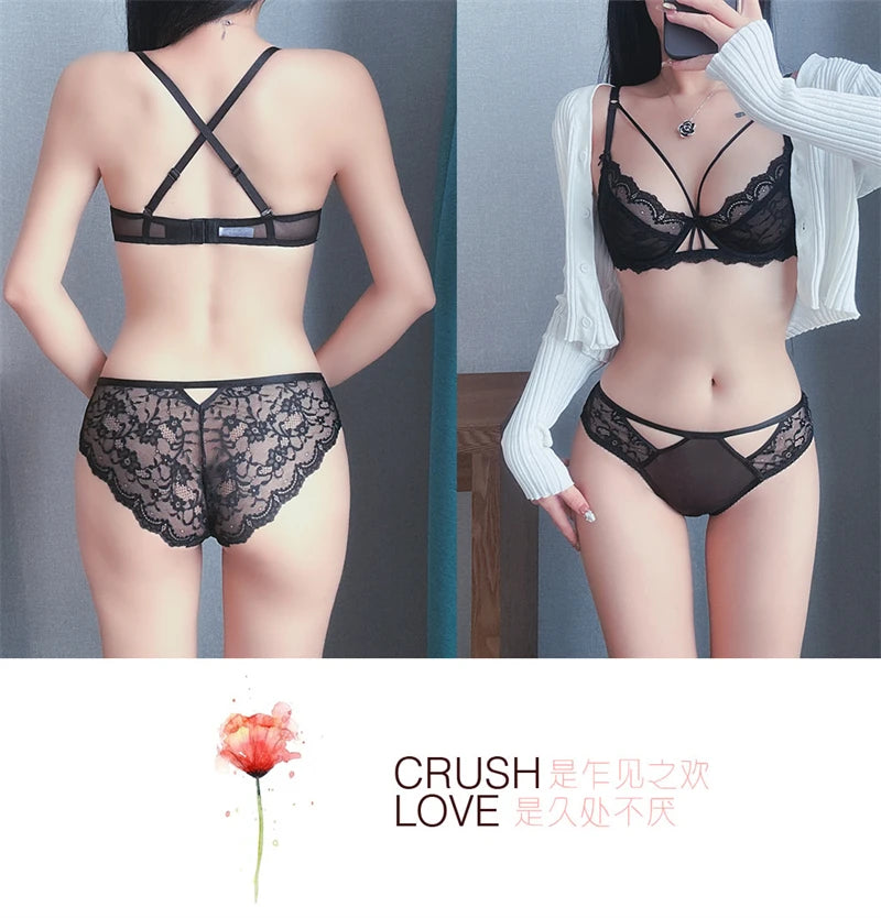 Sexy Lace Bra Set Large Breasts Ultra Thin Full Coverage Push Up Effect Big Cup Supporr Detachable Straps Pure Sensual Underwear