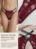Women Burgundy Lace Thong Sexy G-string Letter Waistband Panties Vintage Low Rise Floral Lace Sheer Luxury Lingerie C856