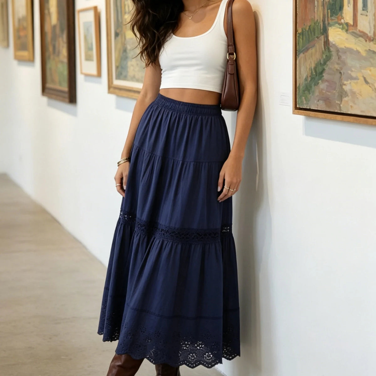 Women's Summer Hollow-Out Hem Elastic Waist Skirts Fashion Casual A-line Skirts Solid Color Long Skirts