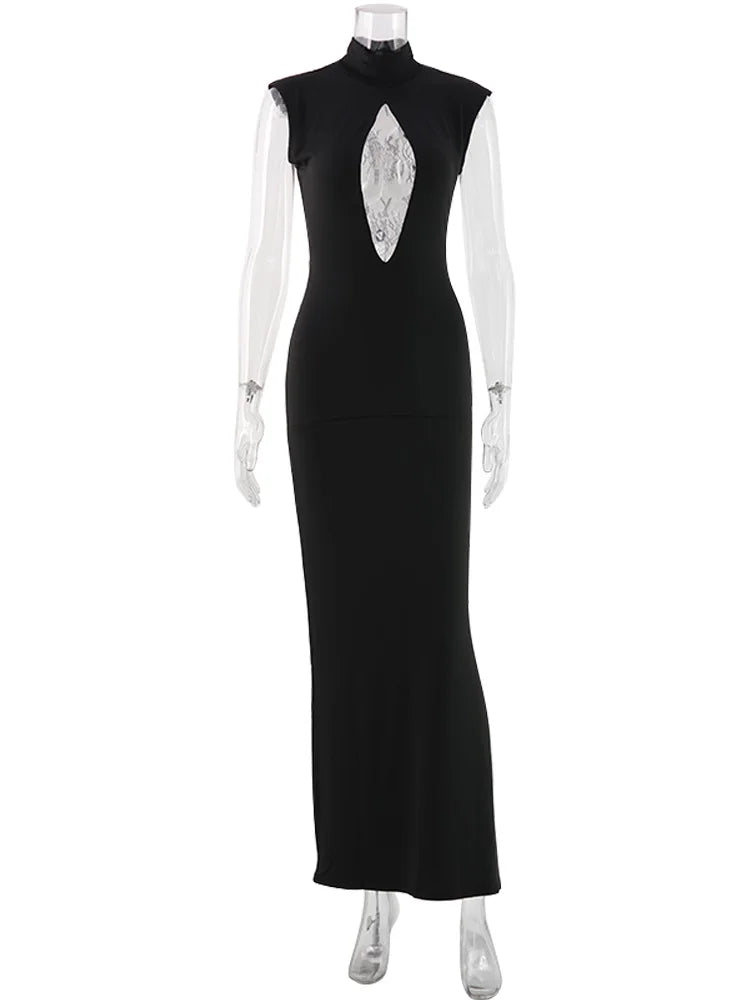 Ahagaga Fashion Sexy Women's Maxi Dresses Turtleneck Short Sleeves Hollow Out Lace Patchwork Sheath Split Party Solid Vestidos