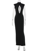 Ahagaga Fashion Sexy Women's Maxi Dresses Turtleneck Short Sleeves Hollow Out Lace Patchwork Sheath Split Party Solid Vestidos