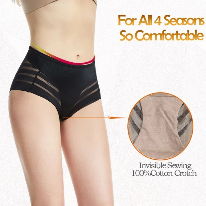 1PC Women Mid-Rise Striped Mesh Shaping Briefs Anti-Chafing Shapers Tummy Control Panties Under Skirt Plus Size Underwear M-3XL