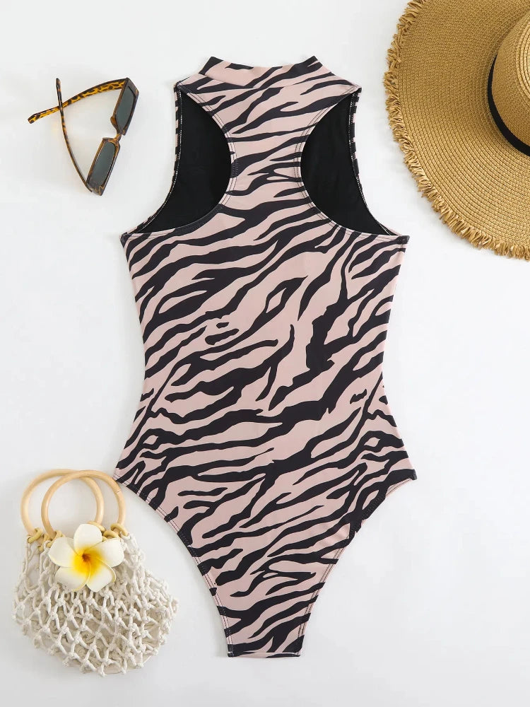 Zebra Print One Piece Swimsuit Woman High Neck Bodysuit Zipper Swimwear Beach Wear Leopard 2024 Bathing Suits Holiday Summer