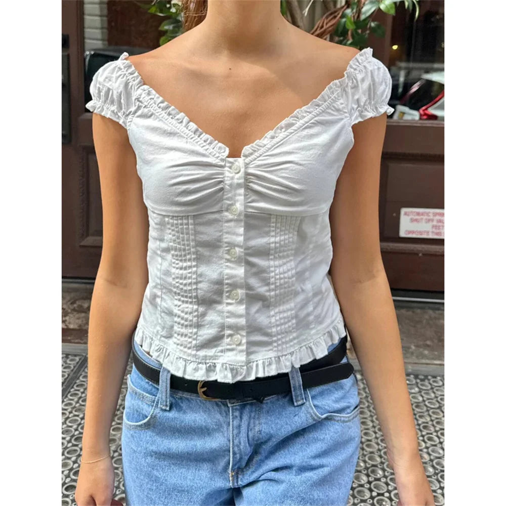 Women's Button Down Tops Fashion Cap Sleeve Solid Color Slim Fit Frill T-Shirts Summer Blouses
