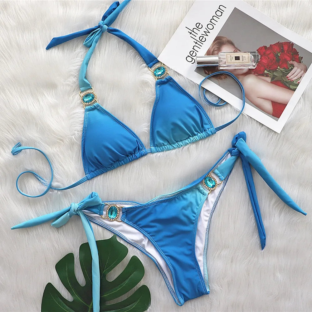 3 Colors Sexy Bikini Women Gradient Swimwear Swimsuit Luxe Crystal Diamond Halter Knot Strap Bikinis Set Bathing Suit Biquinis