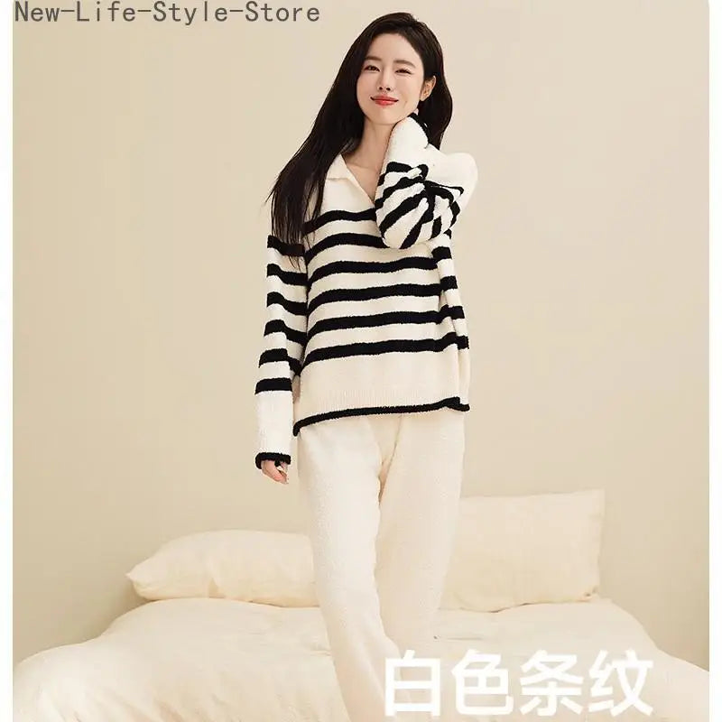 Women Winter Half Fleece Pajama Set Thick Warm Long Sleeve Long Pants Cozy Soft Casual Homewear Loungewear Sleepwear Suit