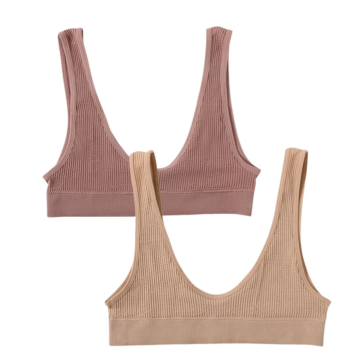 2Pcs/Set Women Non-wire Bra Crop Top Seamless Underwear Female Plunge Bra Tops Ribbed Sexy Lingerie Sports Intimates