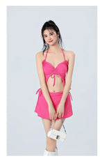 Vacation Beach Ins Rose Red Bikini Three Piece Swimsuit Women's Small Chest Internet Famous Swimsuit Butterfly Sexy Spicy Girl