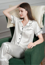 Autumn Winter Sleepwear Women's Satin Pajamas Set,Short Sleeve Top and Long Pants,Comfortable Casual Home Wear and Outdoors